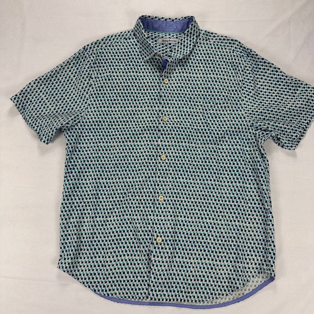 Tommy Bahama‎ Geo Print Silk Button-Up Shirt Blue Teal Pattern Men's Large